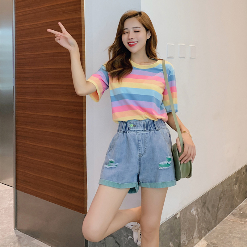 Armas vikerkaaretriibuline Korea mood Harajuku lühikeste varrukatega naiste T-särk, suvine vabaaja 2022. aasta teismeliste topp Tunicode`i ülisuured riided