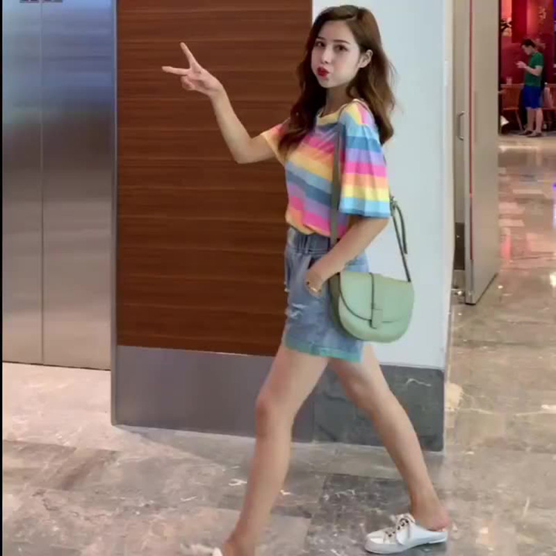 Armas vikerkaaretriibuline Korea mood Harajuku lühikeste varrukatega naiste T-särk, suvine vabaaja 2022. aasta teismeliste topp Tunicode`i ülisuured riided