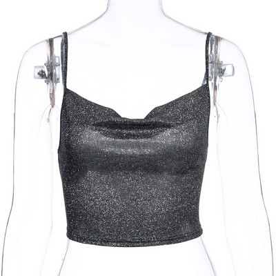 2024. aasta moe naiste suvine läikiv spaghetti Camis Crop top, musta rihmaga V-kaelusega liibuv topp tüdrukute tänavarõivastele