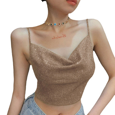 2024. aasta moe naiste suvine läikiv spaghetti Camis Crop top, musta rihmaga V-kaelusega liibuv topp tüdrukute tänavarõivastele