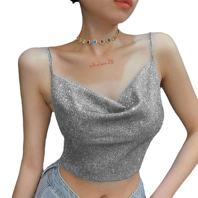 2024. aasta moe naiste suvine läikiv spaghetti Camis Crop top, musta rihmaga V-kaelusega liibuv topp tüdrukute tänavarõivastele