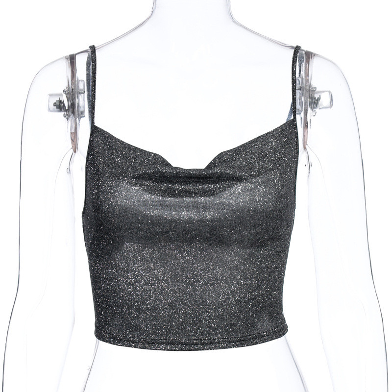 2024. aasta moe naiste suvine läikiv spaghetti Camis Crop top, musta rihmaga V-kaelusega liibuv topp tüdrukute tänavarõivastele