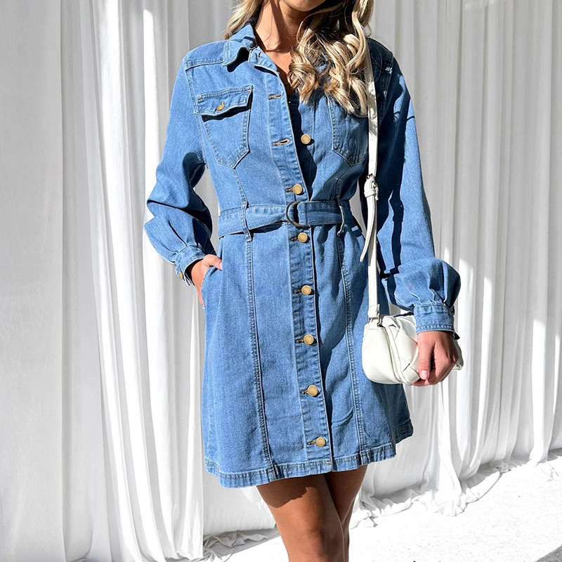 Sieviešu eleganta vienrindas kleita, modes atloks ar jostu, džinsa kleita Eleganta ikdienas kleita ar garām piedurknēm, vienkrāsainas A-Word kleitas