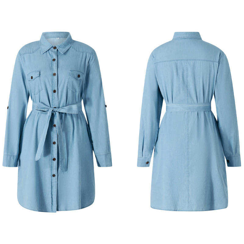 2024 Moda femei buzunare nasturi Topuri cu curea ocazional denim cămașă rochie bluză cu mâneci lungi rochie blugi cămașă rochii
