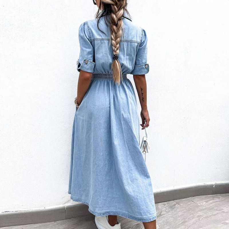 Nova ljetna haljina s otvorenim ovratnikom kratkih rukava Ženska ležerna haljina s džepovima na jedno kopčanje Traper haljine visokog struka Plisirane 2024.