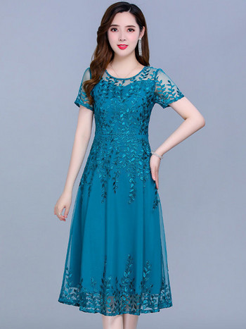 Синя ежедневна шифонена мрежеста корейска дълга рокля Лятна дамска 2023 г. Нови туники Midi Модни елегантни абитуриентски вечерни рокли с къс ръкав
