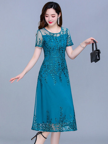 Синя ежедневна шифонена мрежеста корейска дълга рокля Лятна дамска 2023 г. Нови туники Midi Модни елегантни абитуриентски вечерни рокли с къс ръкав
