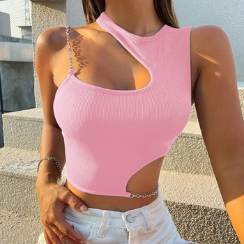 High Street Grunge Chain Cut Out Crop Top Γυναικεία Καλοκαιρινά ρούχα Y2k Ροζ ασύμμετρη λαιμόκοψη Σέξι αμάνικα φανελάκια Streetwear