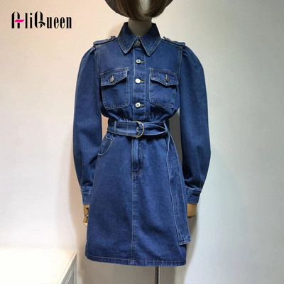 Női Vintage gombos mini farmer ruha őszi temperamentum ruházat hosszú ujjú szárnyas farmer ing ruha De Mujer nagy méretű