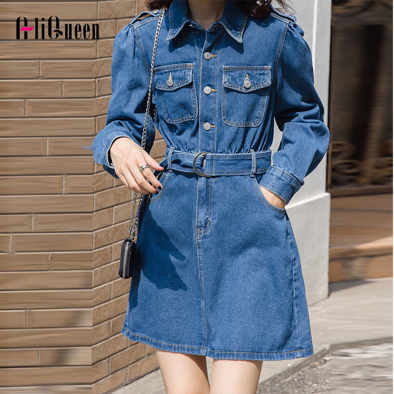 Női Vintage gombos mini farmer ruha őszi temperamentum ruházat hosszú ujjú szárnyas farmer ing ruha De Mujer nagy méretű