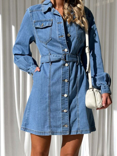 Jeans haljina s jednim kopčanjem i dugim rukavima Y2K traper haljina Modna ležerna traper haljina na vezanje za mršavljenje za žene