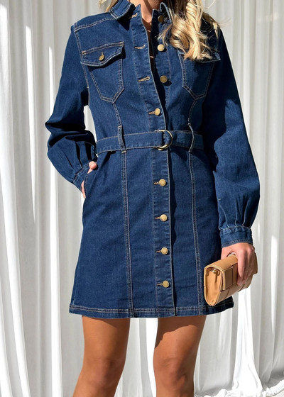 Jeans haljina s jednim kopčanjem i dugim rukavima Y2K traper haljina Modna ležerna traper haljina na vezanje za mršavljenje za žene