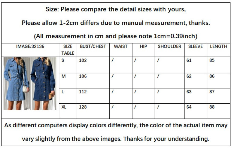 Jeans haljina s jednim kopčanjem i dugim rukavima Y2K traper haljina Modna ležerna traper haljina na vezanje za mršavljenje za žene