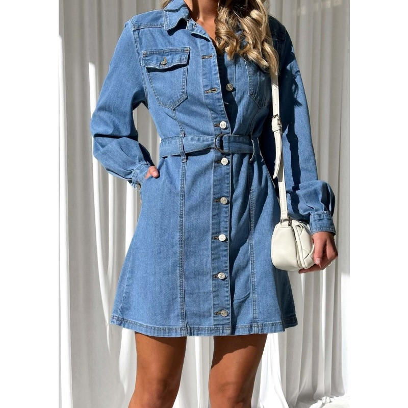 Jeans haljina s jednim kopčanjem i dugim rukavima Y2K traper haljina Modna ležerna traper haljina na vezanje za mršavljenje za žene