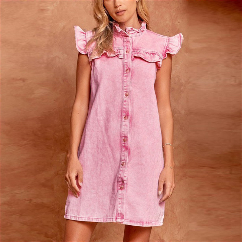 Naine vabaaja roosa teksariidest 2023. aasta suvekleit, armsad volangidega varrukatega minikleit, üherealised lühikesed kleidid