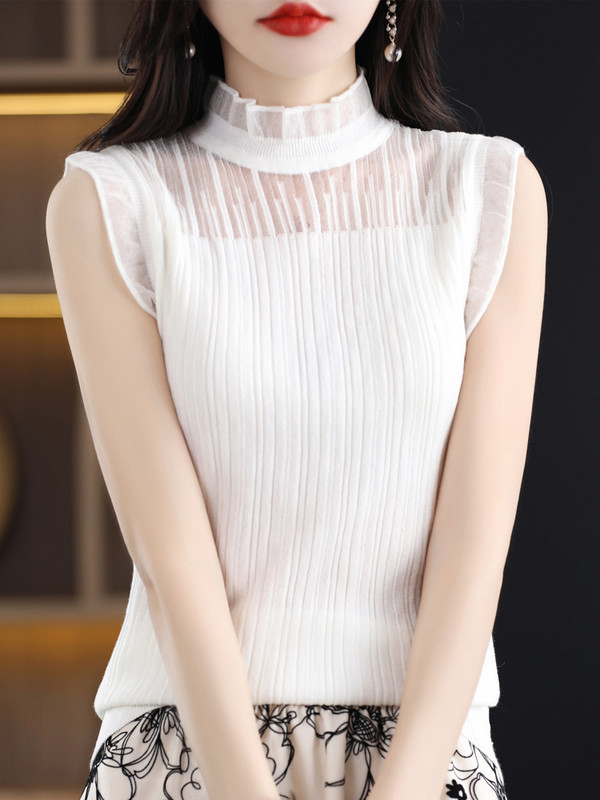 Kevadsuvi naiste rätid, kõrge kraega, õõnsad pitsist topsid Moodsad Korea põhjasärgid, varrukateta särgid