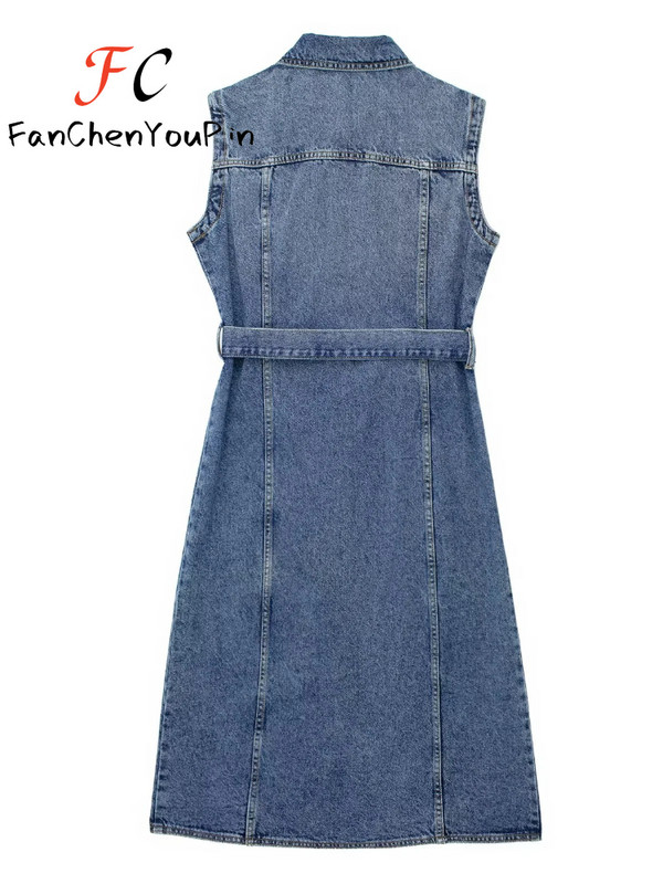 Női ruha tavaszi nyár új divat ujjatlan, egysoros szoknya lábszárközépig, alkalmi irodai női öves farmer ruhák női