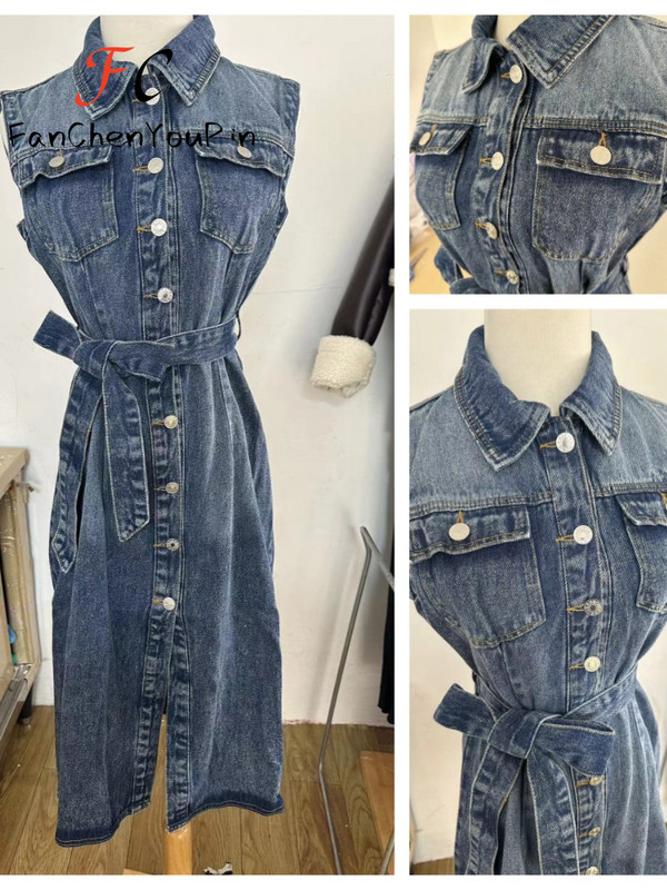 Női ruha tavaszi nyár új divat ujjatlan, egysoros szoknya lábszárközépig, alkalmi irodai női öves farmer ruhák női