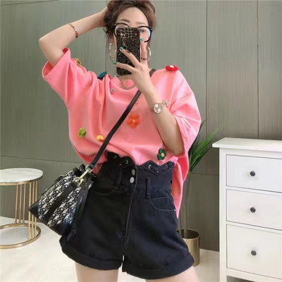 Ljetna bijela majica kratkih rukava 2022. Novo 3D cvijeće s O izrezom d Majice kratkih rukava Ženske ležerne široke šik majice Ženske majice od 100% pamuka