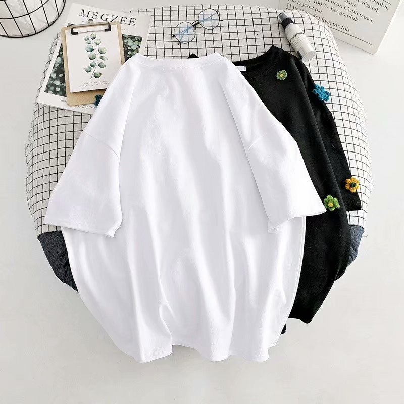 Ljetna bijela majica kratkih rukava 2022. Novo 3D cvijeće s O izrezom d Majice kratkih rukava Ženske ležerne široke šik majice Ženske majice od 100% pamuka