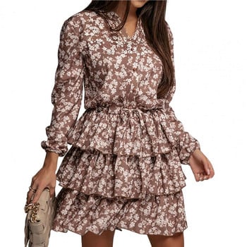 Модна есенна рокля с V-образно деколте, универсална мини рокля с докосване на кожата и буф ръкави с волани