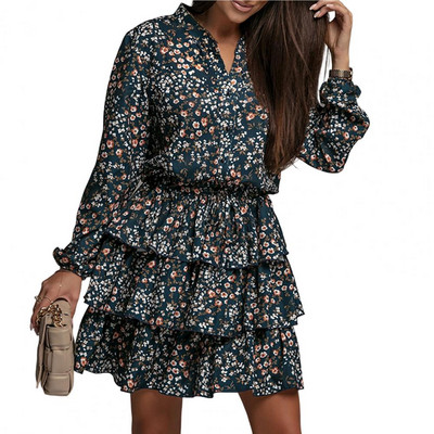 Modna jesenska haljina s V-izrezom, svestrana mini haljina s puf rukavima i volanima dodiruju kožu