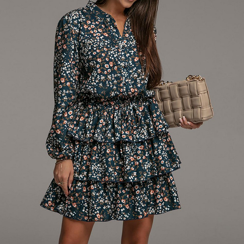 Modna jesenska haljina s V-izrezom, svestrana mini haljina s puf rukavima i volanima dodiruju kožu