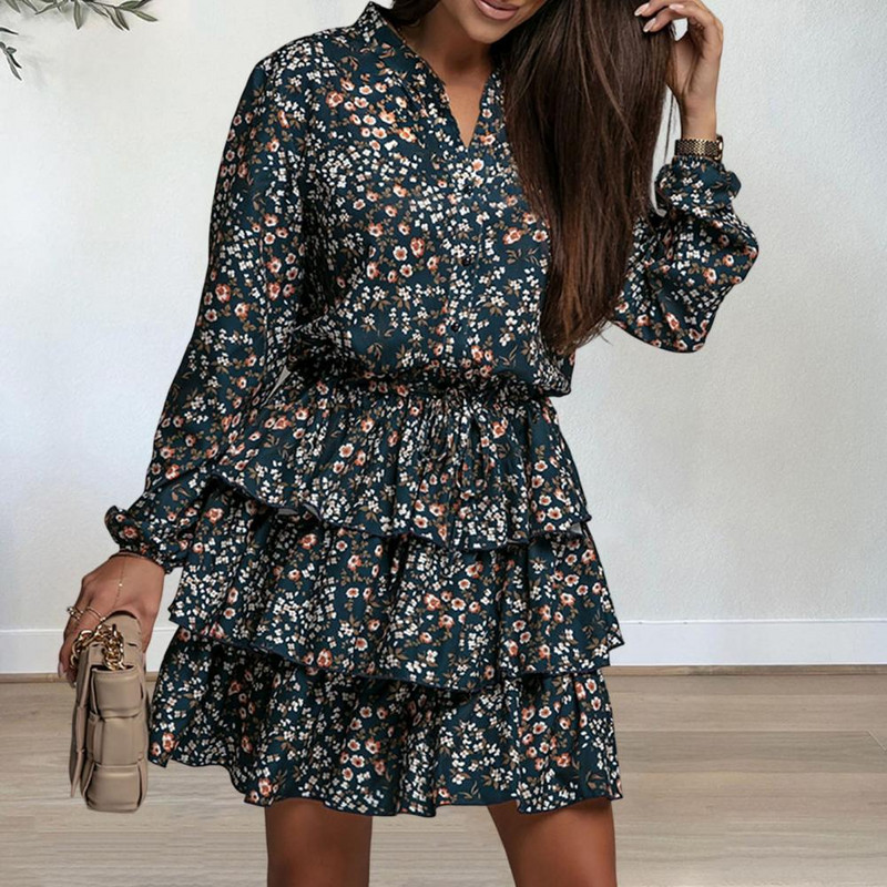 Modna jesenska haljina s V-izrezom, svestrana mini haljina s puf rukavima i volanima dodiruju kožu