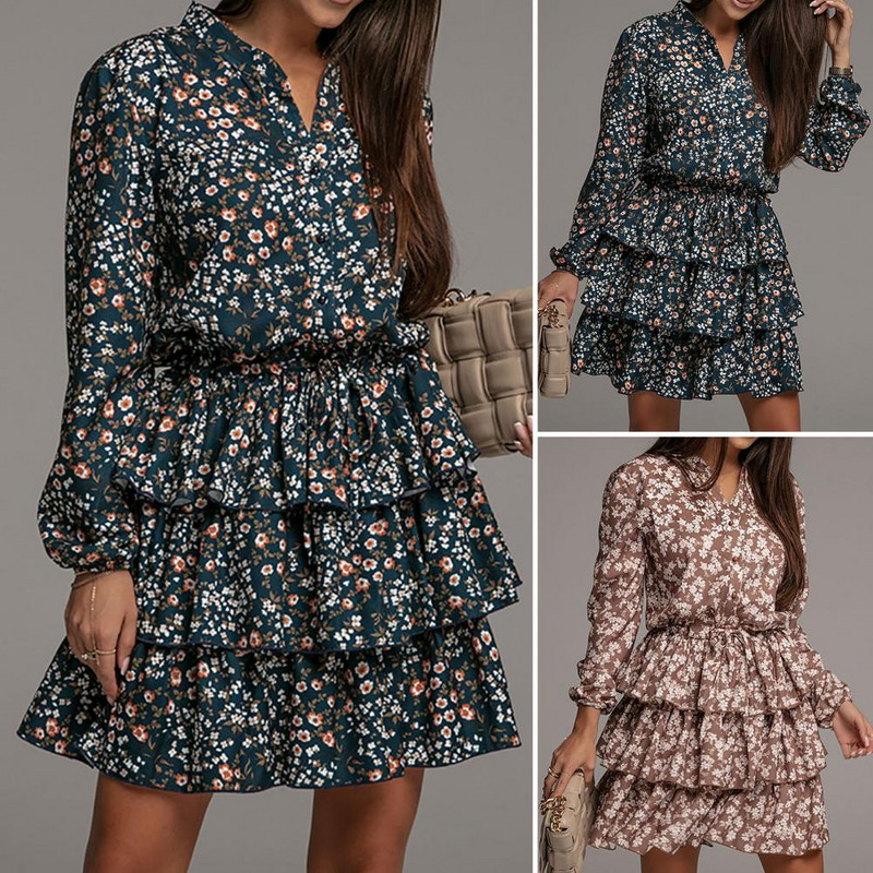Modna jesenska haljina s V-izrezom, svestrana mini haljina s puf rukavima i volanima dodiruju kožu