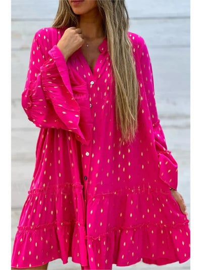 Nova ženska otisnuta zlatno prešana plisirana košulja haljina proljeće jesen Moda Maxi Swing široke elegantne ženske haljine košulje