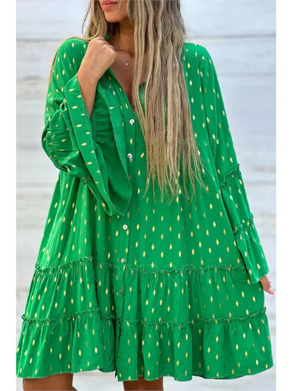 Nova ženska otisnuta zlatno prešana plisirana košulja haljina proljeće jesen Moda Maxi Swing široke elegantne ženske haljine košulje