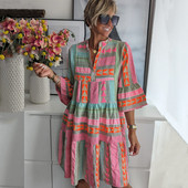 Naiste Seksikad V-kaelusega volangid Boho minikleit Kevadine vintage retroprinteriga A-Line pühade vabaaja sügise 3/4 laienevate varrukatega lahtised kleidid