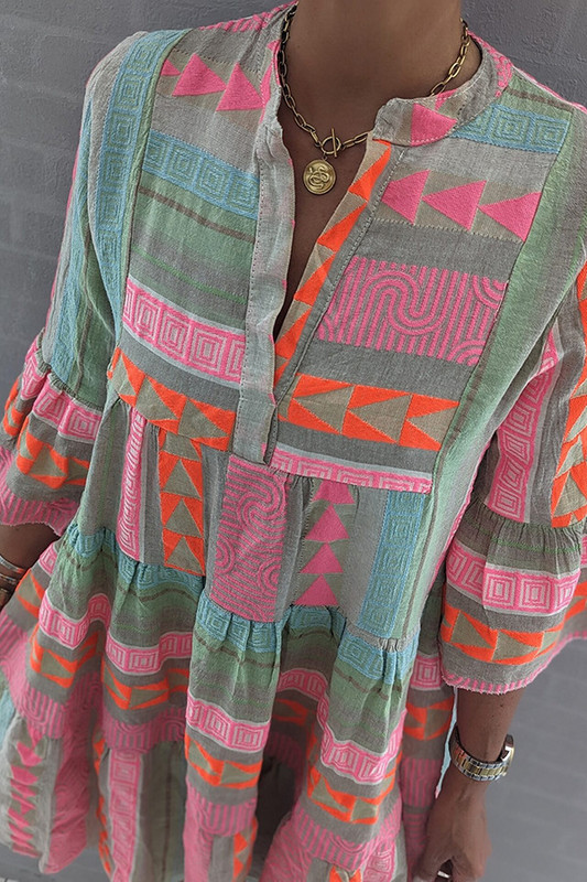 Női szexi V nyakú, fodros boho mini ruha tavaszi vintage retro print A-vonalas ünnepi alkalmi őszi 3/4 flare ujjú bő ruhák