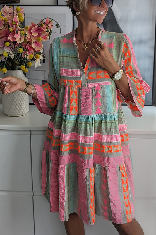 Női szexi V nyakú, fodros boho mini ruha tavaszi vintage retro print A-vonalas ünnepi alkalmi őszi 3/4 flare ujjú bő ruhák