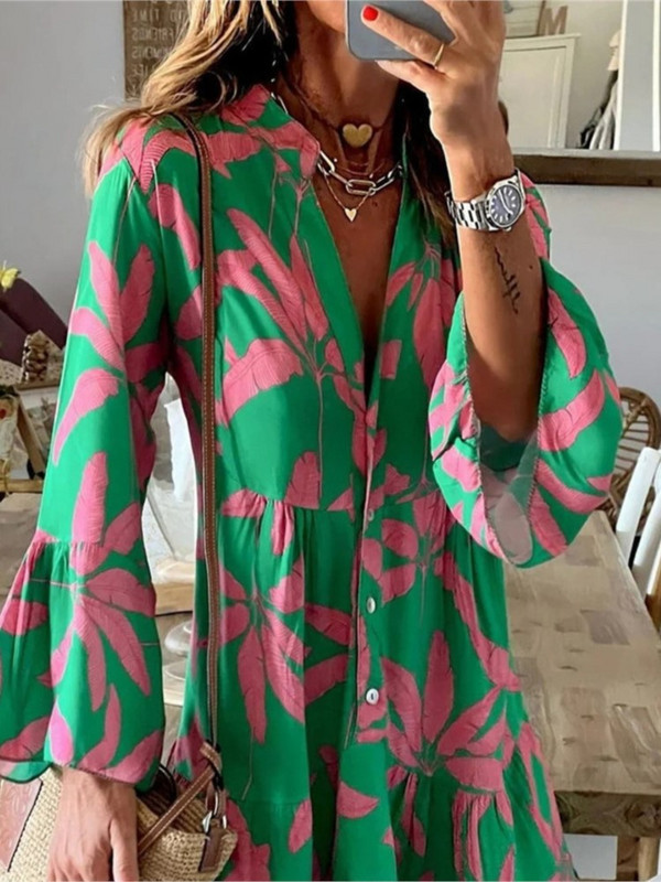 Boho jesen 2023. Ženske košulje za odmor, seksi V-izrez s širokim rukavima, elegantna haljina s printom na volane, proljetna ležerna široka haljina