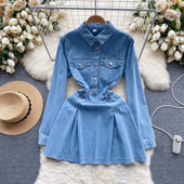 Γυναικείο μακρυμάνικο τζιν φόρεμα σε γραμμή Α με μονό στήθος με γυριστό γιακά με λεπτή μέση πλισέ κοντά τζιν φορέματα