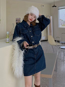 2022, vară, noua rochie bleumarin din denim, pentru femei, stil coreean, Vvintage, mâneci lungi, buzunare cu rever, rochii casual cu un singur piept.