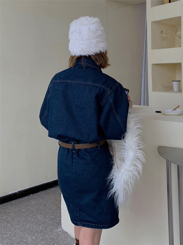 2022, vară, noua rochie bleumarin din denim, pentru femei, stil coreean, Vvintage, mâneci lungi, buzunare cu rever, rochii casual cu un singur piept.