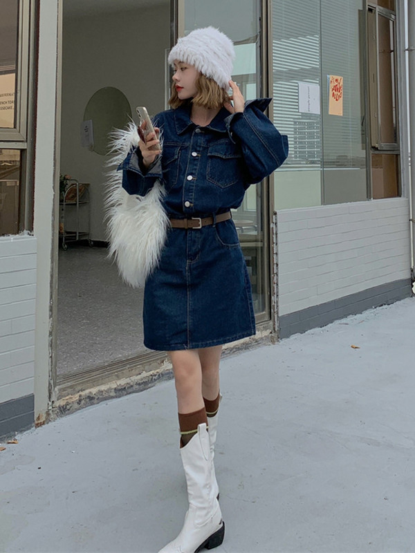 2022, vară, noua rochie bleumarin din denim, pentru femei, stil coreean, Vvintage, mâneci lungi, buzunare cu rever, rochii casual cu un singur piept.