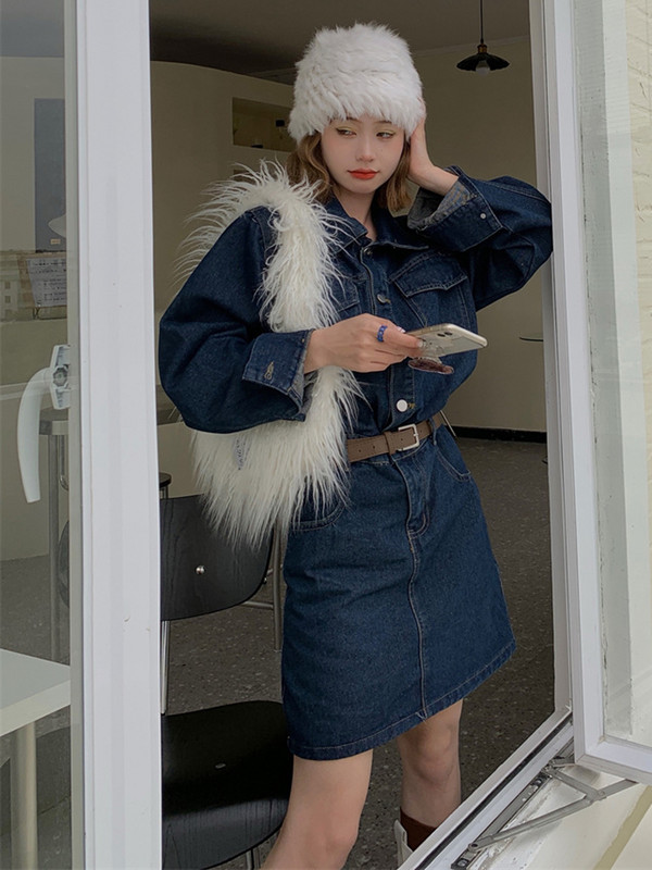 2022, vară, noua rochie bleumarin din denim, pentru femei, stil coreean, Vvintage, mâneci lungi, buzunare cu rever, rochii casual cu un singur piept.