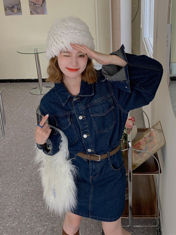 2022, vară, noua rochie bleumarin din denim, pentru femei, stil coreean, Vvintage, mâneci lungi, buzunare cu rever, rochii casual cu un singur piept.