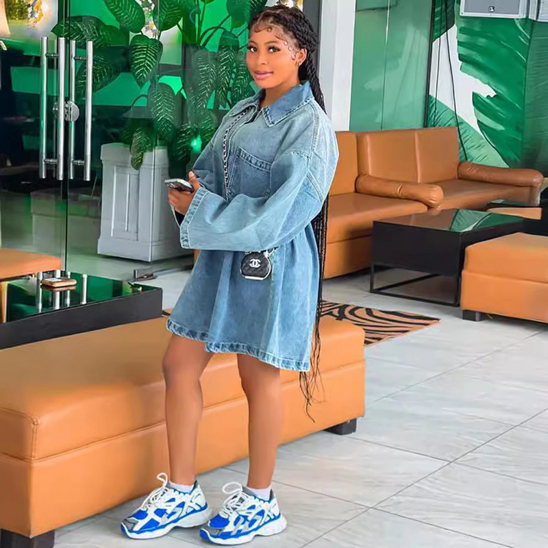 Rochii Femei Linie A Blugi cu lungime medie Rochii Guler răsturnat Mâneci întregi Lejer Casual Rochii obișnuite Denim Y2k 2024