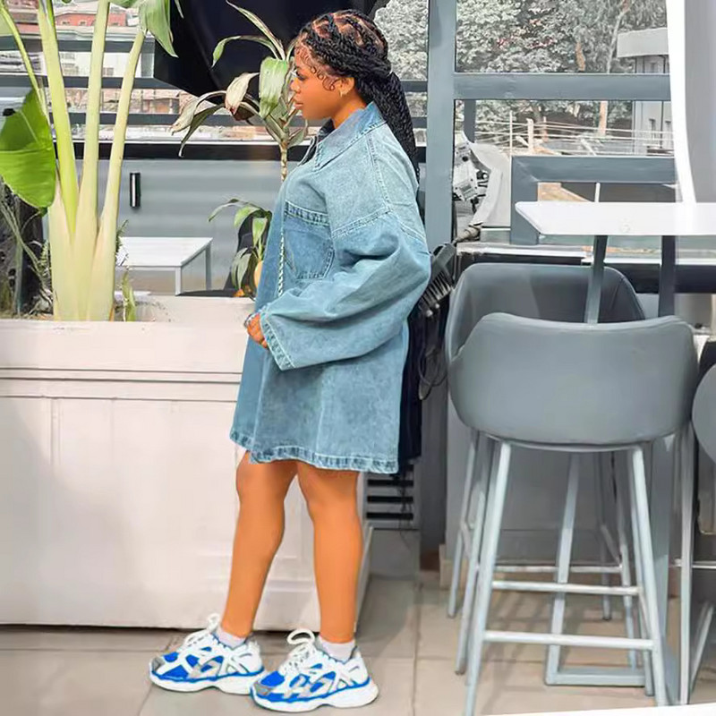 Rochii Femei Linie A Blugi cu lungime medie Rochii Guler răsturnat Mâneci întregi Lejer Casual Rochii obișnuite Denim Y2k 2024