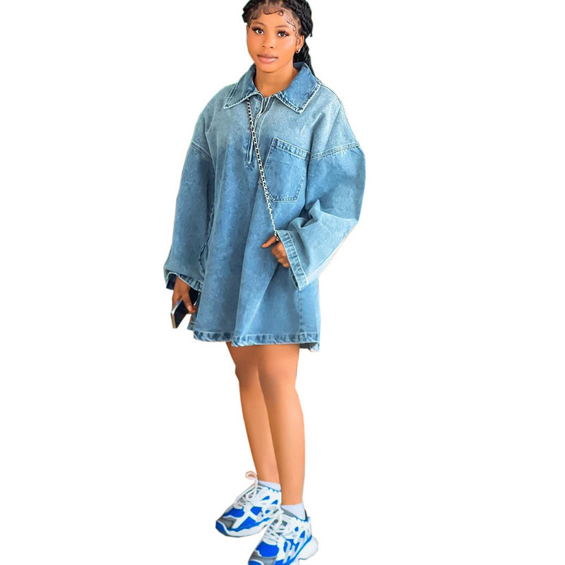 Rochii Femei Linie A Blugi cu lungime medie Rochii Guler răsturnat Mâneci întregi Lejer Casual Rochii obișnuite Denim Y2k 2024