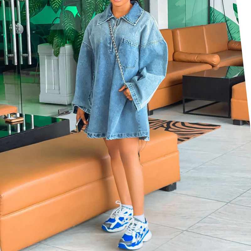 Rochii Femei Linie A Blugi cu lungime medie Rochii Guler răsturnat Mâneci întregi Lejer Casual Rochii obișnuite Denim Y2k 2024