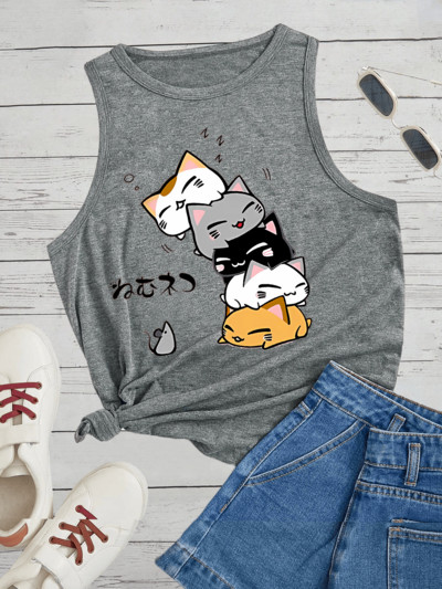 Three Cats SistersArmas perearmastus naiste mood Graafika avara kaelaga, varrukateta vabaaja naiste topp