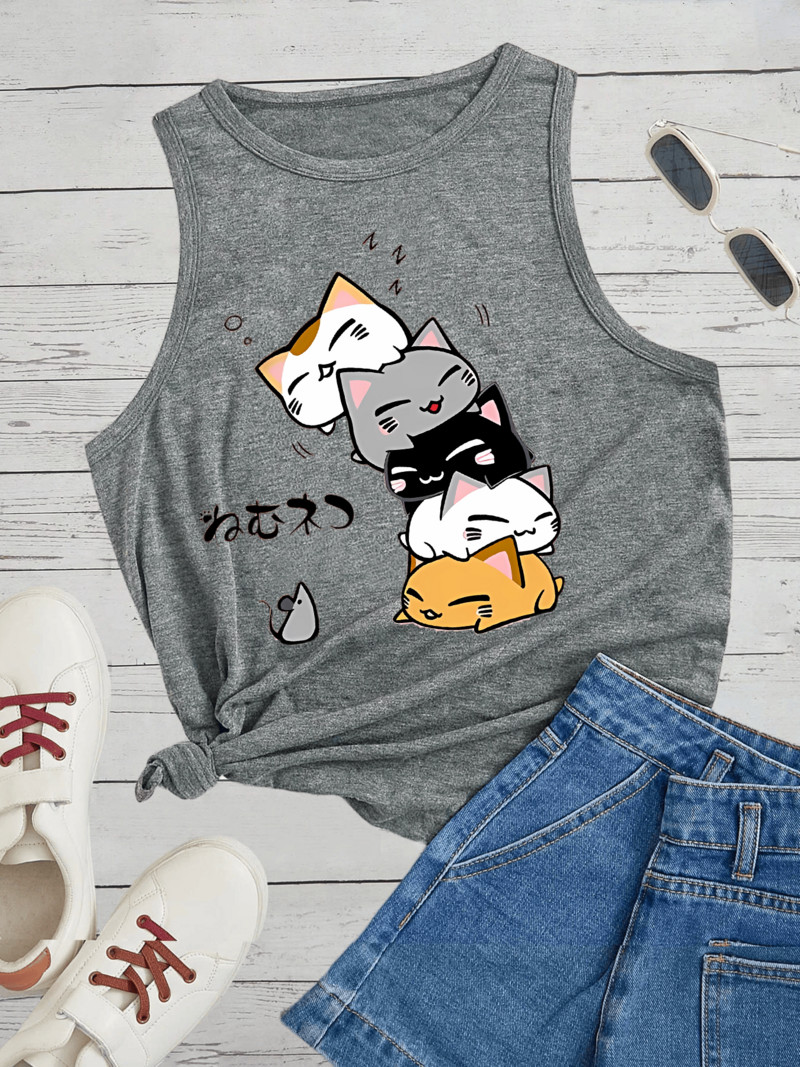 Three Cats SistersArmas perearmastus naiste mood Graafika avara kaelaga, varrukateta vabaaja naiste topp