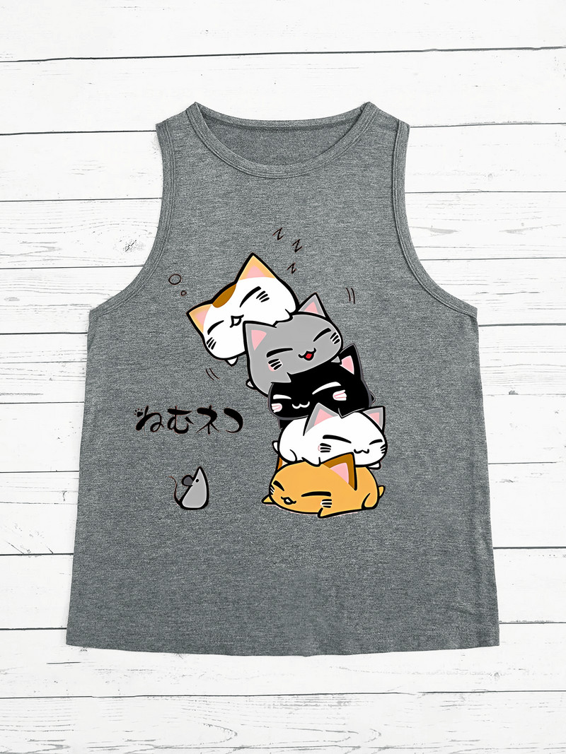 Three Cats SistersArmas perearmastus naiste mood Graafika avara kaelaga, varrukateta vabaaja naiste topp