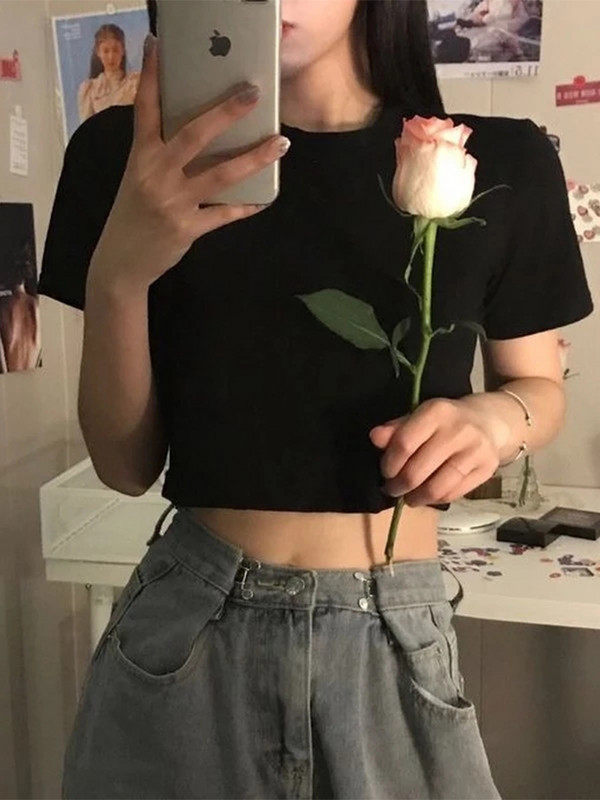 Ženska skraćena majica Jednobojna seksi minimalistička vruća rasprodaja Tanka ležerna moda Preppy Chic Basic Topovi u korejskom stilu Popularno