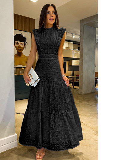 Boheemlane, soliidne õõnes, elegantne naiste kleit kaelaga, lendav varrukas, nööbiga pikk kleit, suvine šikk vabaaja naiste rannariided